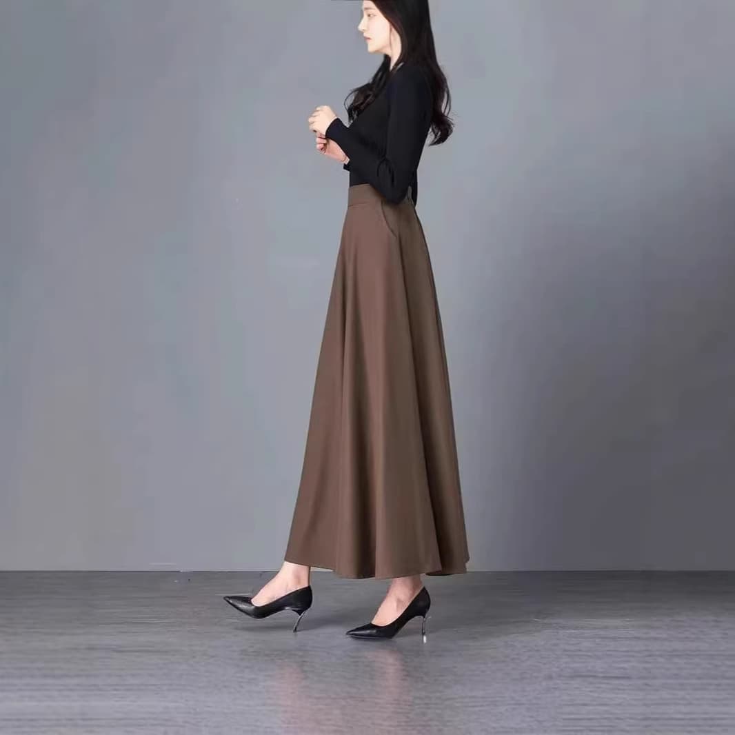 Wholesale Korean Midi Skirt for Women Spring Autumn New High Waist A-Line Skirt Mid-Length Full Pleated Solid Color Skirt