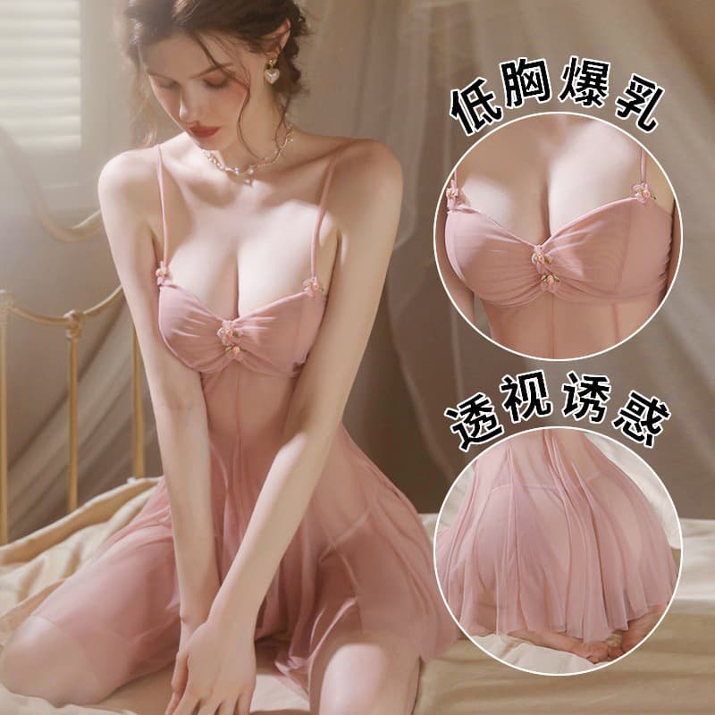 Straw Girl Sexy Lingerie Low Cut Mesh Sleepwear Lace Slip Dress Sheer Temptation Pleated Sleepwear 1276