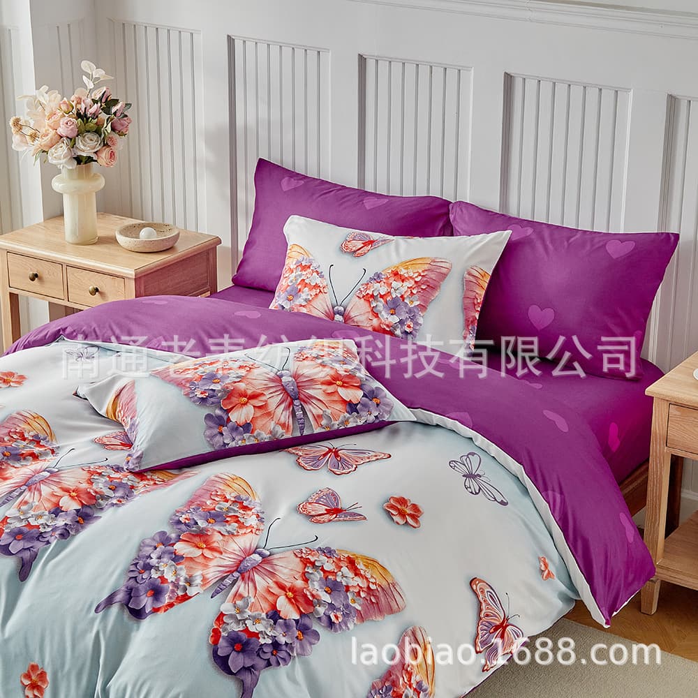 Laobiao cross-border wholesale foreign trade supply Amazon bedding brushed printed butterfly rose quilt cover set