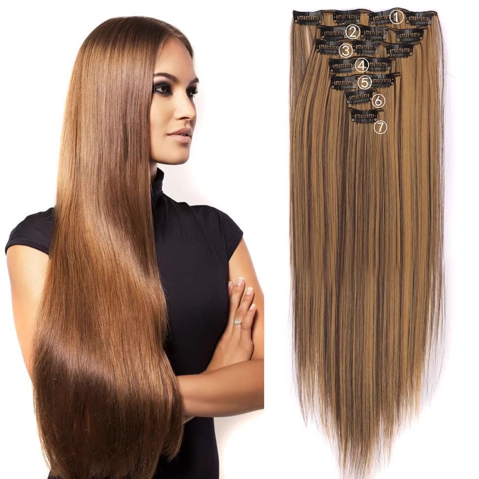 Cross-border 16 Clip 7-Piece Hair Extension Set, Synthetic Fiber Wig Clips for European and American Women, Long Straight Hair Clip-In Hair Extensions
