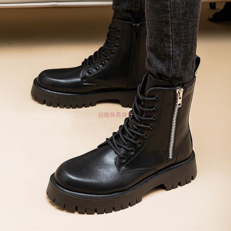 Men's Martin Boots British Style Genuine Leather High-Top Shoes 2025 Autumn Fleece-Lined Thick Sole Height-Increasing Workwear Motorcycle Boots