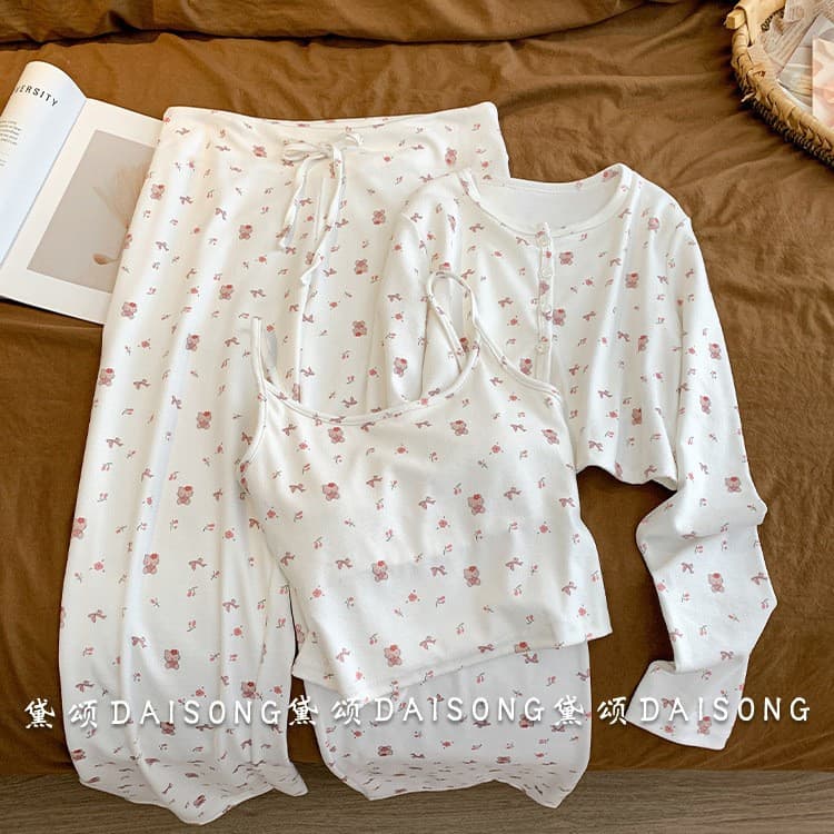 All-over Floral Print Kitty Cat Pajamas for Women Spring/Autumn Camisole Three-Piece Set Casual Loungewear Wearable Outside