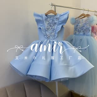 Blue Children's Dress 2026 New Lace Flower Beaded Tulle Skirt Evening Dress Cross-border European and American Princess Dress