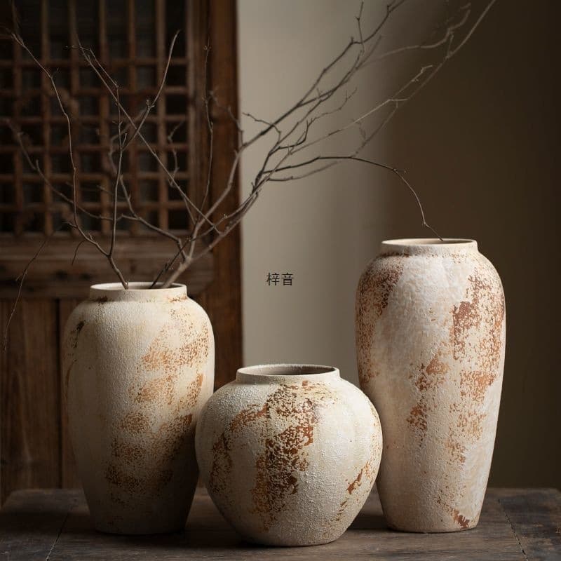 New Chinese Wabi-Sabi Style Ceramic Vase Decoration Mottled Old Rough Pottery Jar Entryway TV Cabinet Decoration Dried Flowers