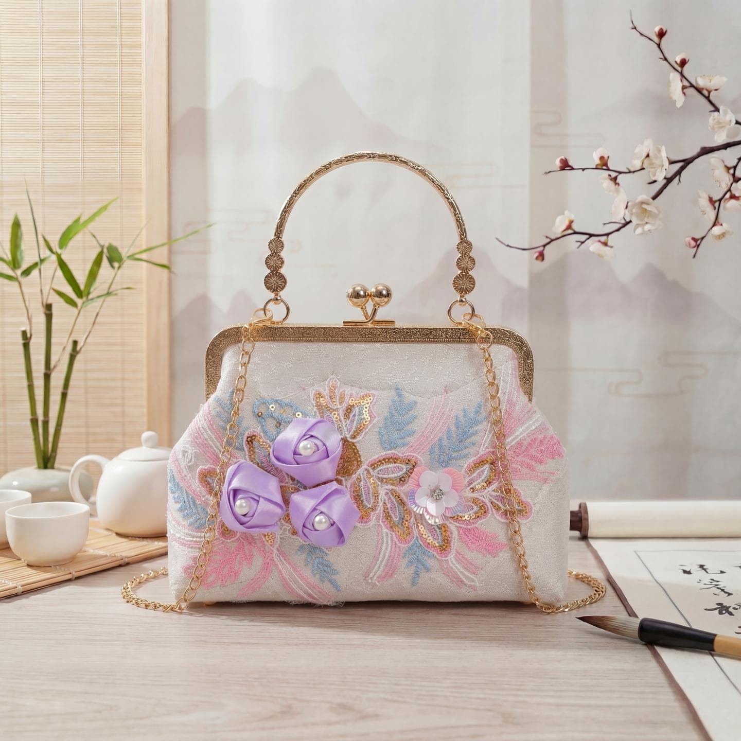 2026 Spring/Summer New Chinese Style Fortune Flower Cheongsam Bag Women's High-End Handbag Vintage Crossbody Bag Trendy
