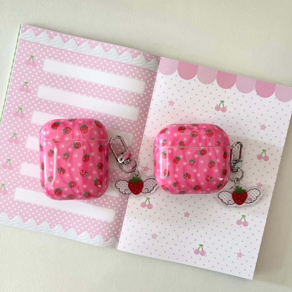 Rose Red Strawberry Earphone Case Compatible with Apple AirPods 3/4, Cartoon Pendant for PRO2 Bluetooth Shell PRO3