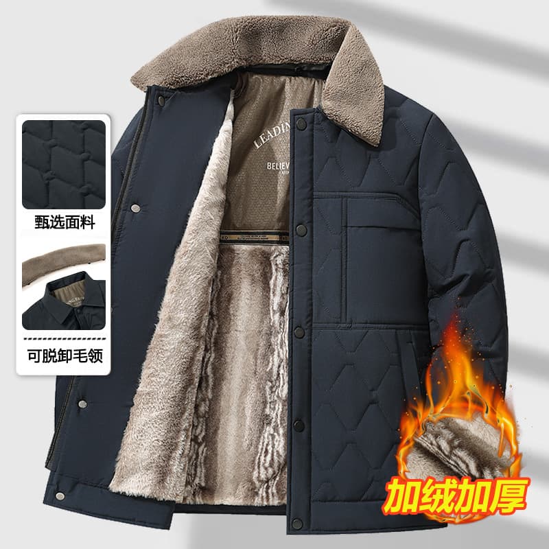 New Winter Thickened Quilted Jacket for Middle-Aged and Elderly Men, Warm Cotton Coat with Turn-Down Collar, Casual Comfortable Outerwear