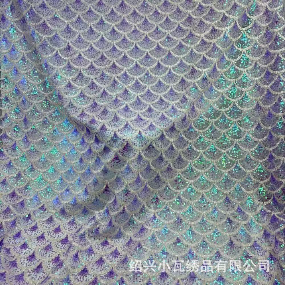 Mermaid Tail Iridescent 3mm Sequin Fabric Full Embroidery Mesh Cheongsam Dress Material