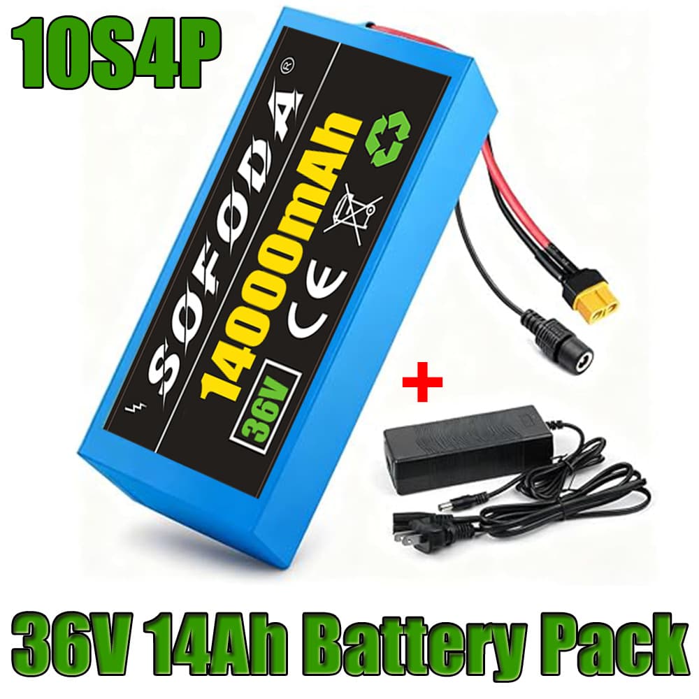 Brand new 36V 14Ah 18650 rechargeable battery pack with 20A BMS waterproof PVC case + charger