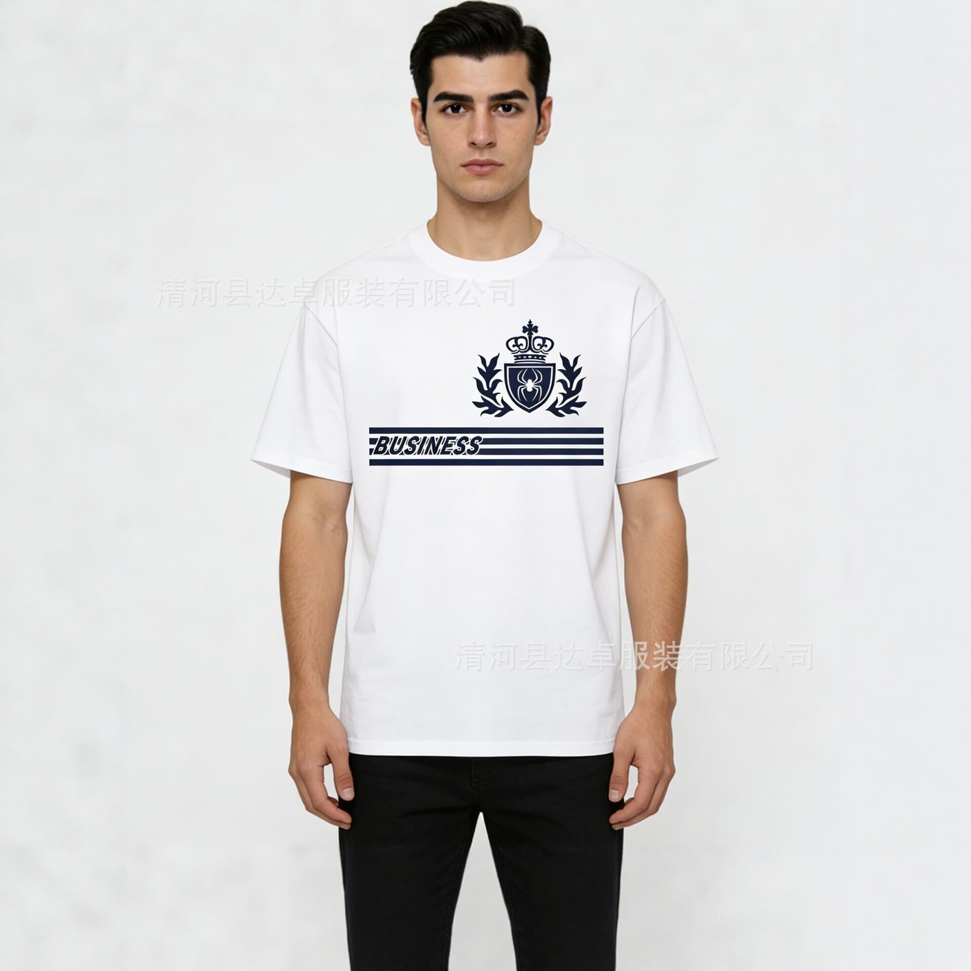 230g Heavyweight Combed Cotton Men's Short Sleeve T-Shirt, Badge Print, European Size Loose Basic Style, Cross-Border Supply