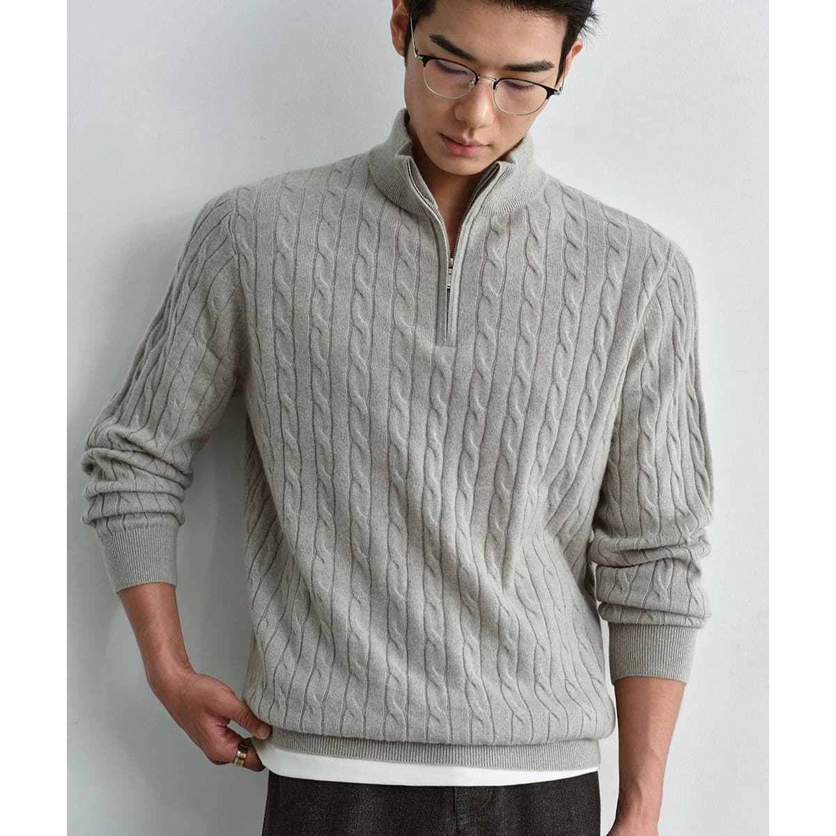 100% cashmere classic cable half-zip neck men's sweater winter warm pullover long sleeve knit base layer