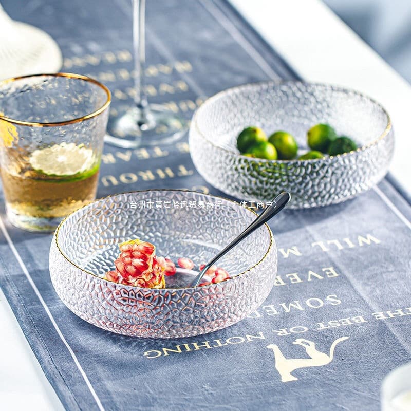 Trendy High-Gloss Glass Bowl, Transparent Dessert Bowl, Japanese Gold Rim Noodle Bowl, Creative Soup Bowl, Salad Bowl