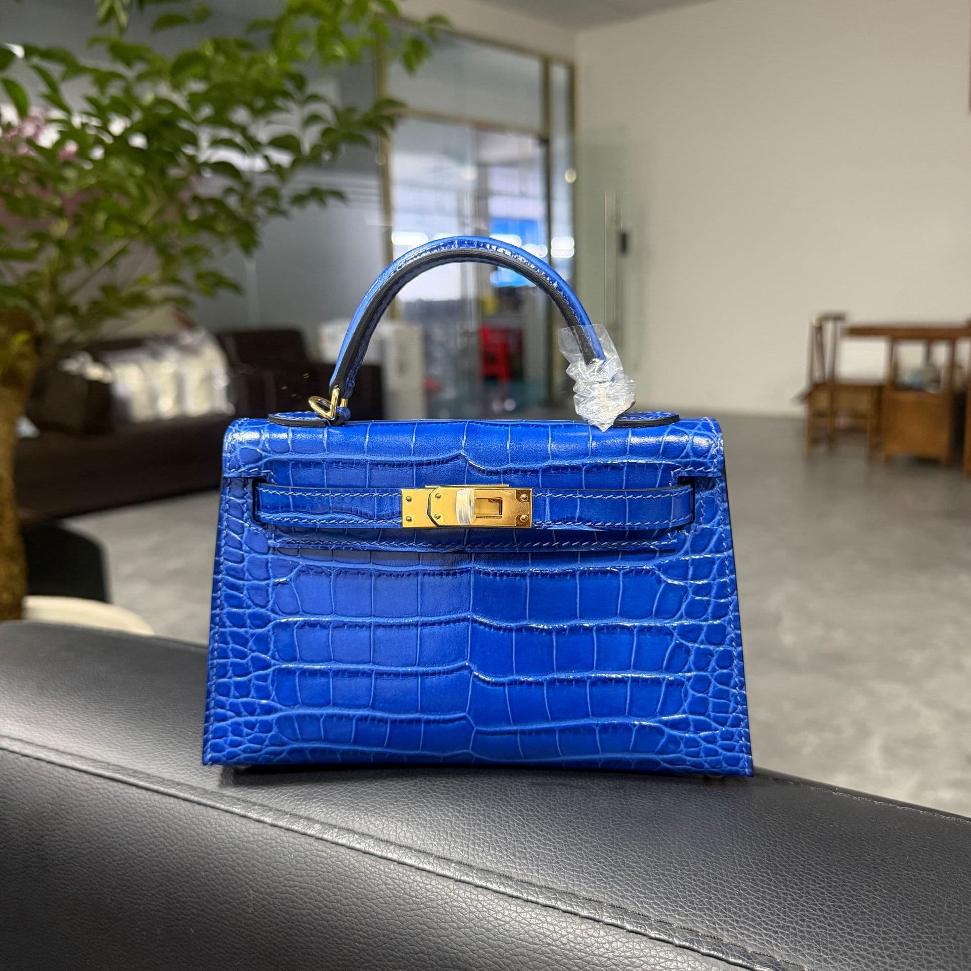 H family wax thread hand-stitched mini Kelly bag, all-steel hardware, crocodile pattern, portable genuine leather cross-body Kelly flat replacement bag for women