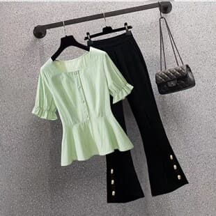 Plus Size Fashion Women's 2026 Summer Elegant Age-Defying Slimming Top Set with Flared Casual Pants Two-Piece Set