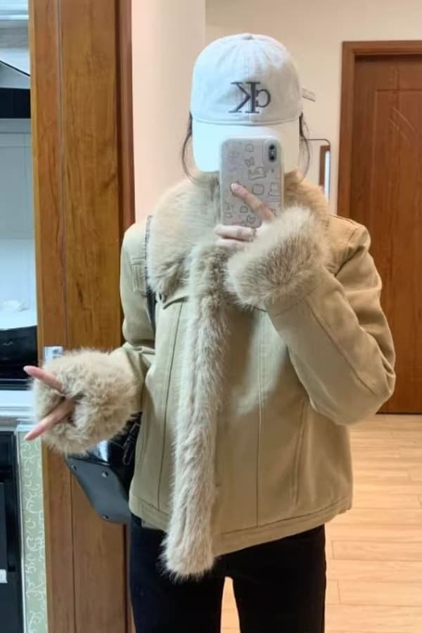 Petite Plus Thick Maillard Vintage Faux Fur Jacket Women Short Padded Denim Cotton Coat