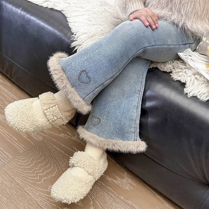 Girls Fleece-Lined Denim Flared Pants Winter Warm Korean Style Long Pants for Kids