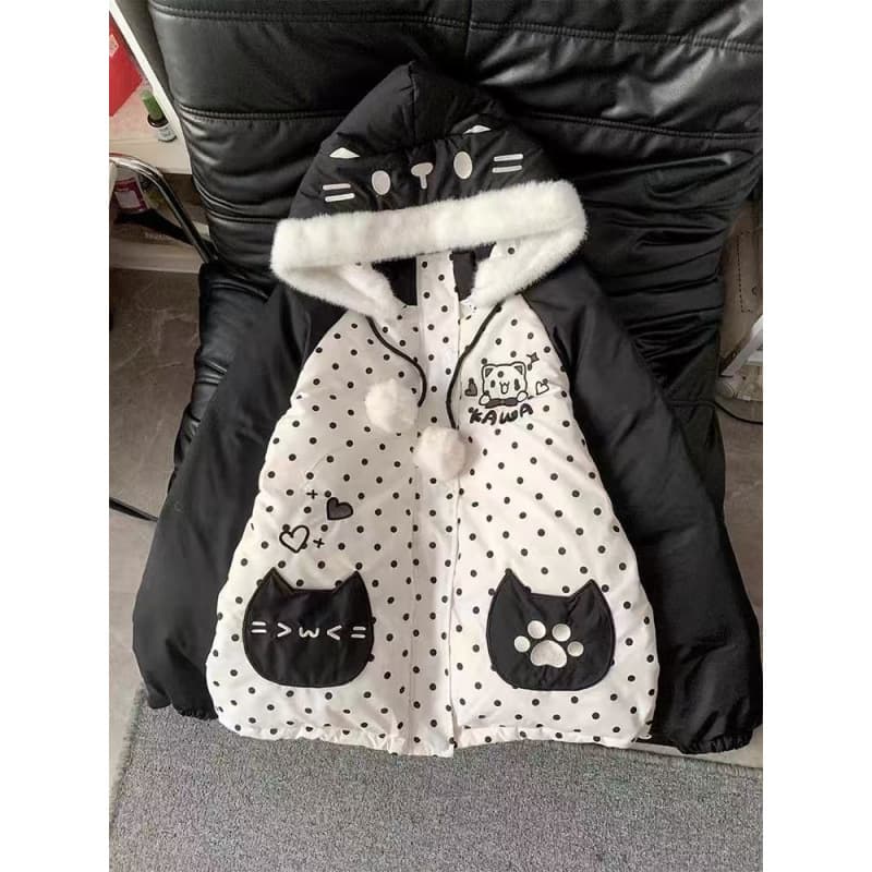 All-over Polka Dot Cat Embroidery Fur Collar Hooded Cotton Padded Coat for Women 2025 Winter New Student Couple Puffer Jacket