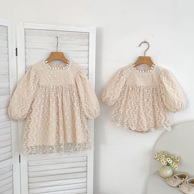 Girls Dress Mesh Lace Baby Girl Romper Suit Long Sleeve Embroidered Princess Dress Korean Style Sisters Children's Clothes