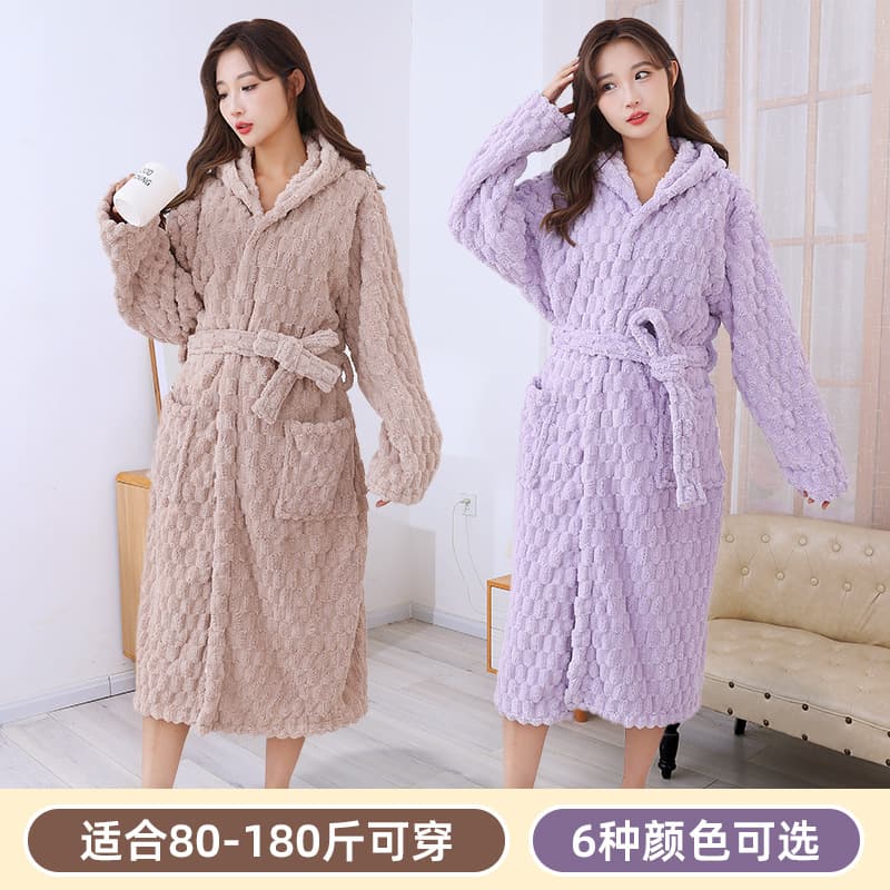 Autumn/Winter Cloud Pattern Couple's Pajamas, Loose Women's Wearable Bath Towel, Thickened Coral Fleece Long-Sleeve Bathrobe