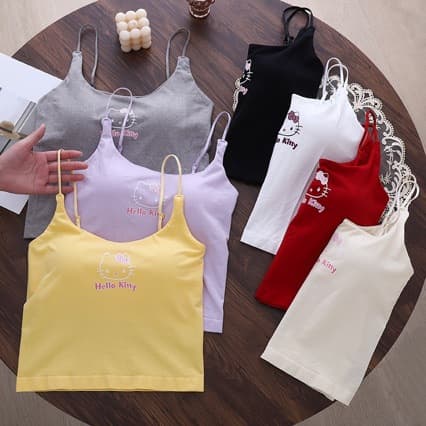 HelloKitty Spaghetti Strap Vest with Padded Cups, Wire-Free Bra Top for Women, Sleeveless Camisole Innerwear