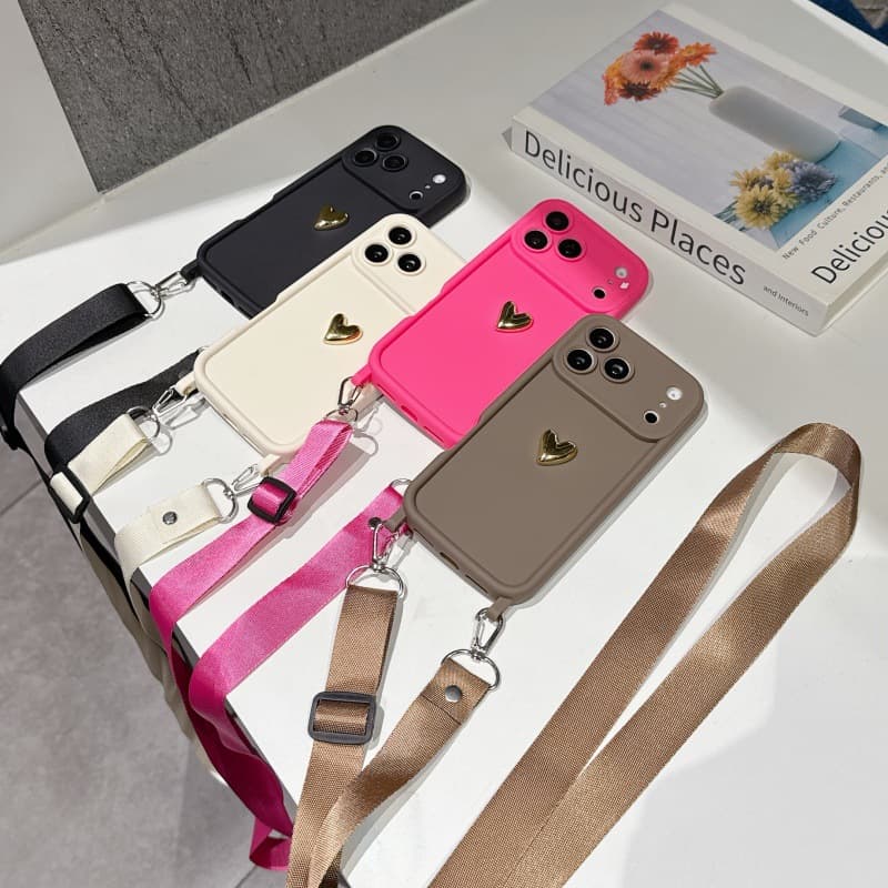 Gold Small Heart Emery Sand Lanyard Compatible with iPhone 17 Pro Air 16/15/14/13/12 Phone Case