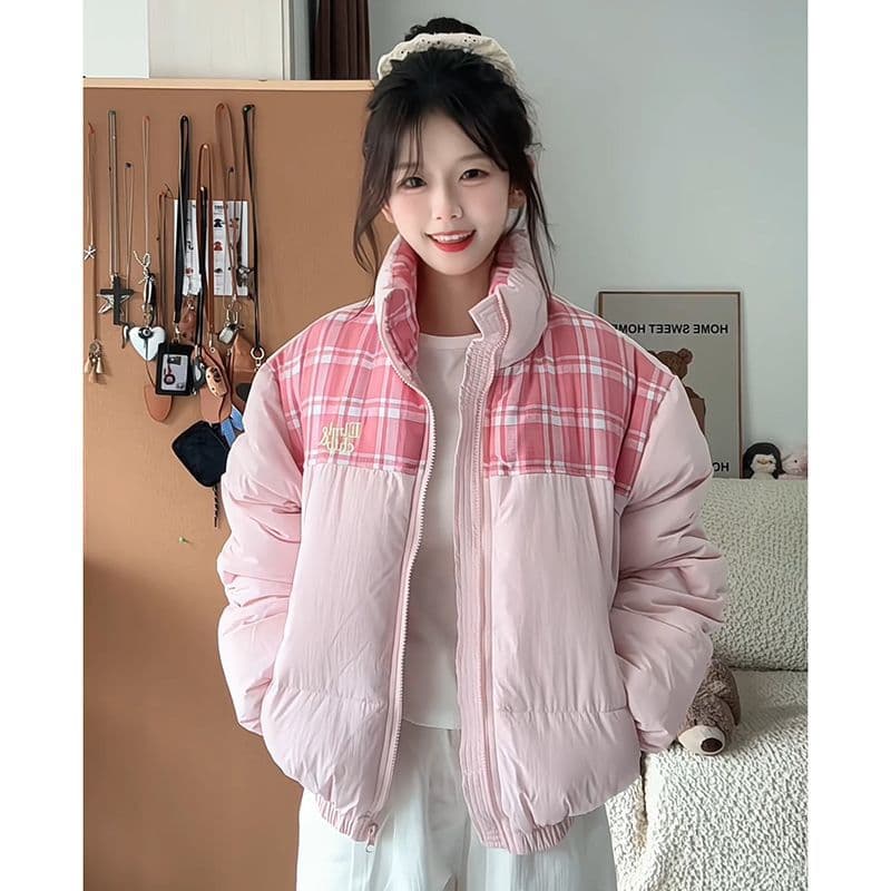 New Korean style winter patchwork plaid stand collar cotton coat for women, warm, loose and versatile, trendy.