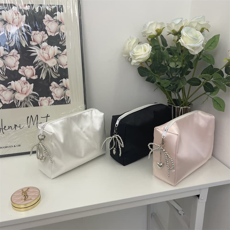 Satin Bow Cosmetic Bag Travel Toiletry Organizer Premium Clutch Evening Bag