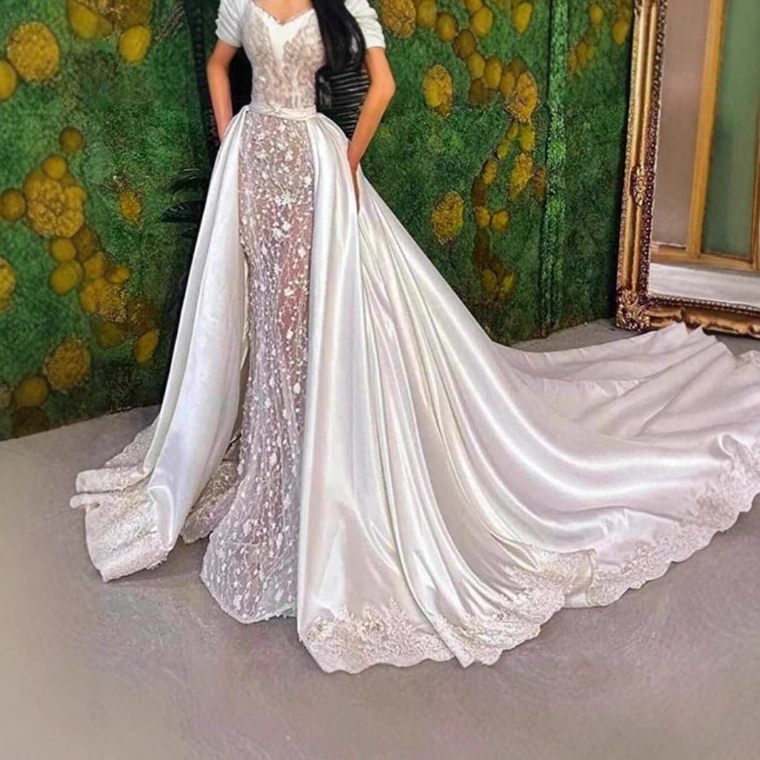 European and American Export Bride Long Train Satin Lace Trim Dress Detachable Wedding Dress Skirt