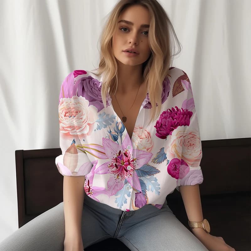 TEMU cross-border new women's long-sleeved shirt beautiful flower 3D printing casual fashion single breasted versatile