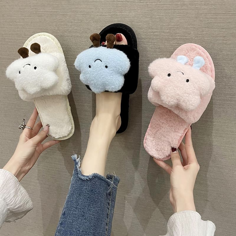 2024 New Plaid Bow Furry Slippers Women's Open-Toe Home Cotton Slippers Soft Bottom Non-Slip Four Seasons Indoor Slippers