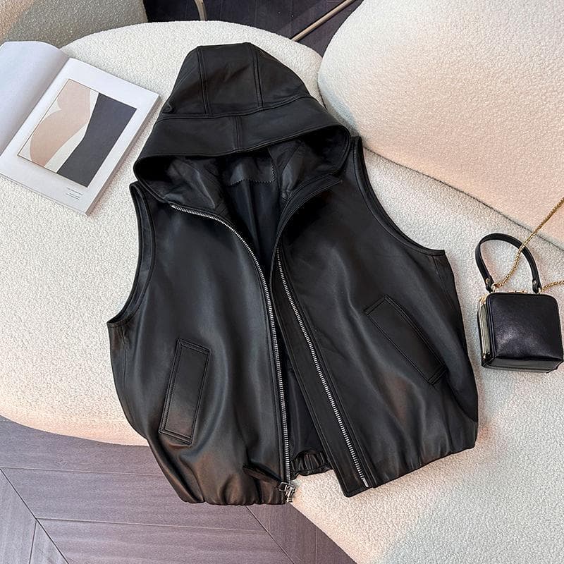 Spring/Autumn Petite Casual New Vest Short Jacket for Women, European-Style Leather Vest with Hood, Loose Fit, Slimming Thin Style