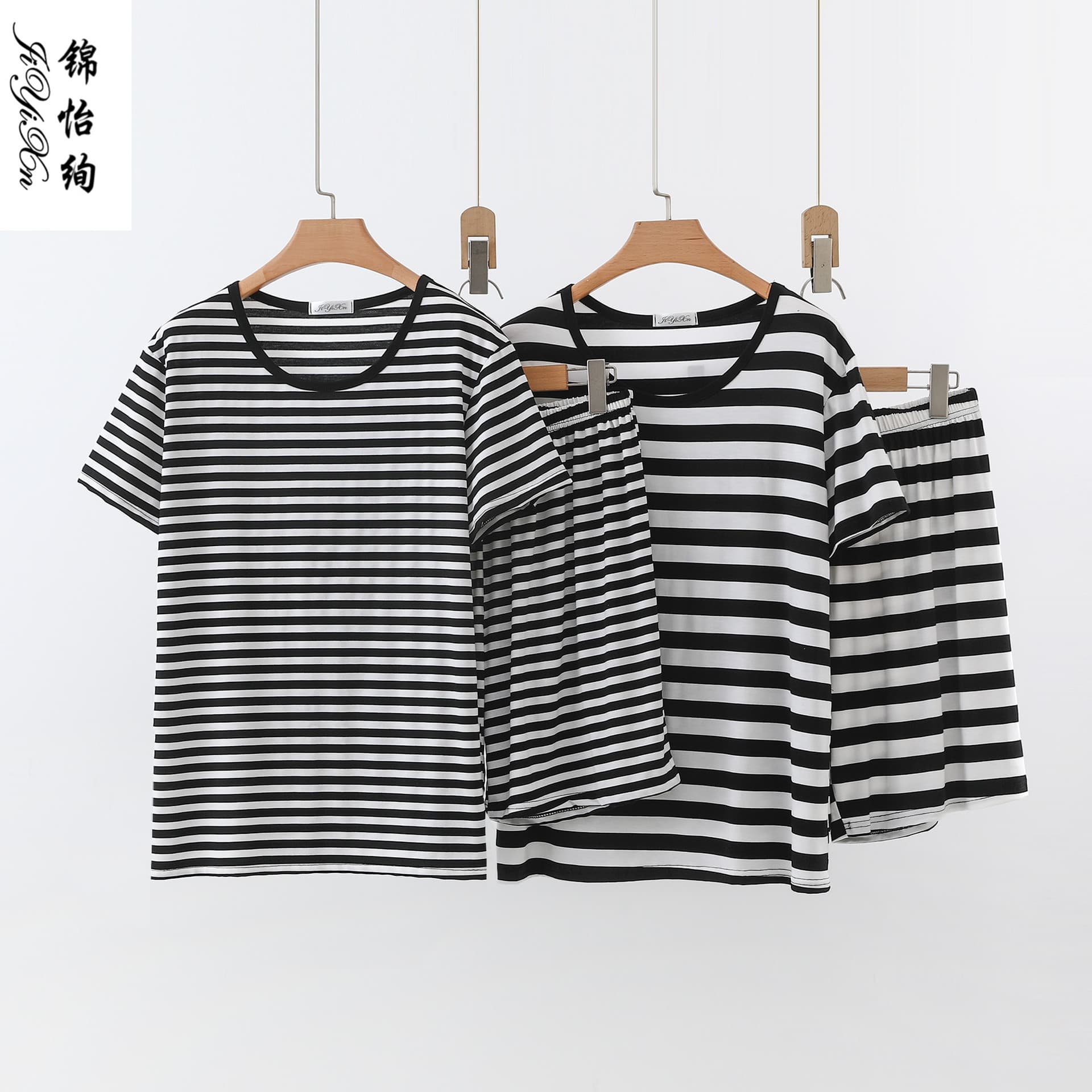 Summer Modal Round Neck Short Sleeve Wide Leg Pants Set for Women, Black and White Striped Plus Size Casual T-Shirt Long Pants Two-Piece Set