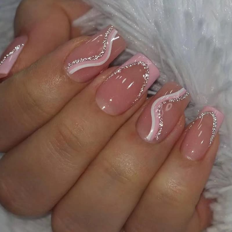 Medium-long Oval Pink White Striped Nails Sweet European American Ins Style False Nails 24pcs