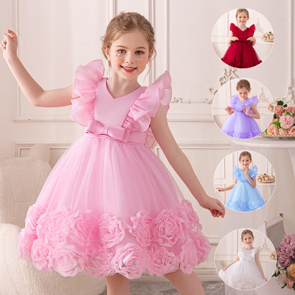 Princess Dress Children's Birthday Party Performance Costume Puffy Skirt Cute Lace Butterfly Bow British Style Net Fabric