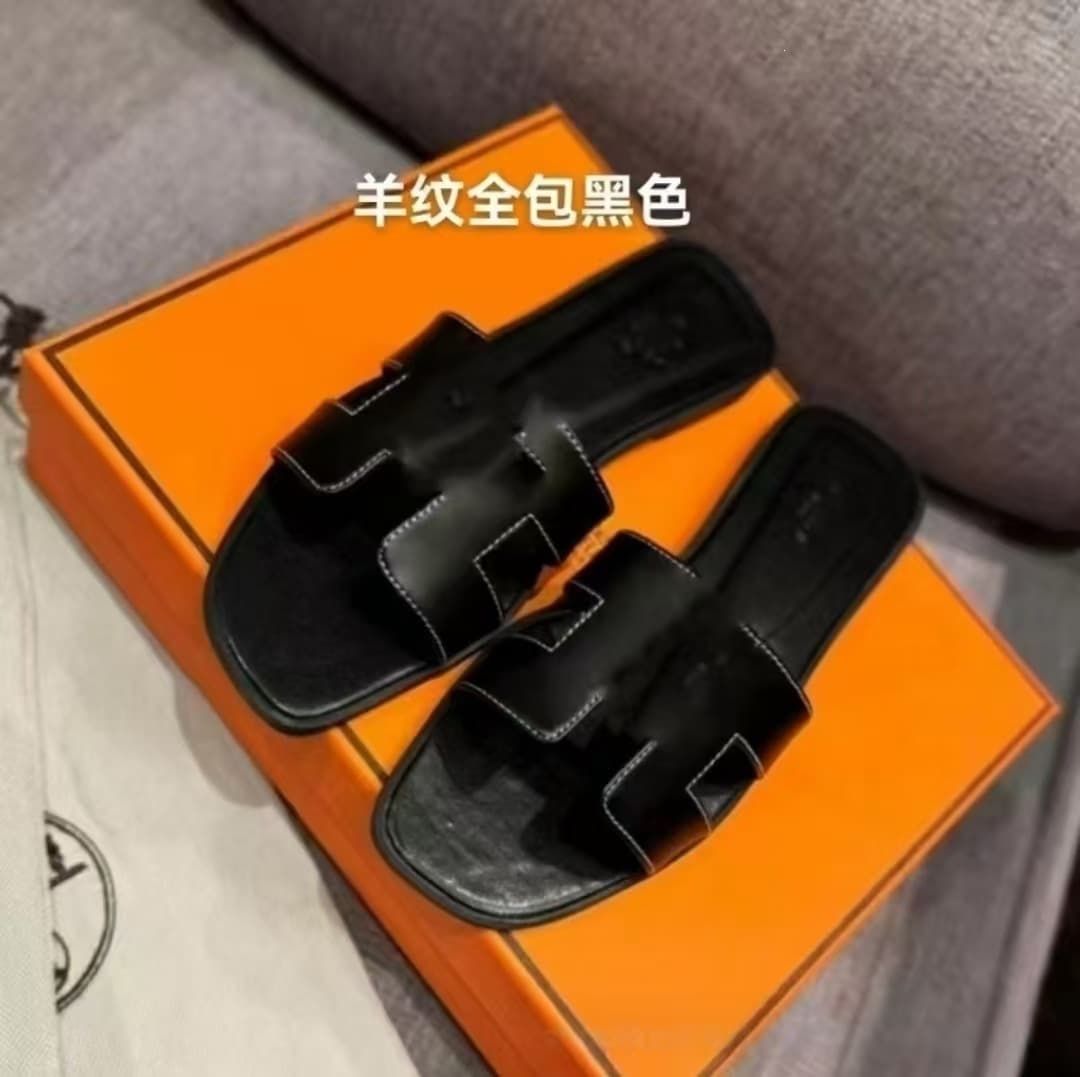 High-end Export Version H Brand Flat Sandals Classic Style One-Band Sheepskin Grain Patent Leather Women's Slippers Fast Shipping