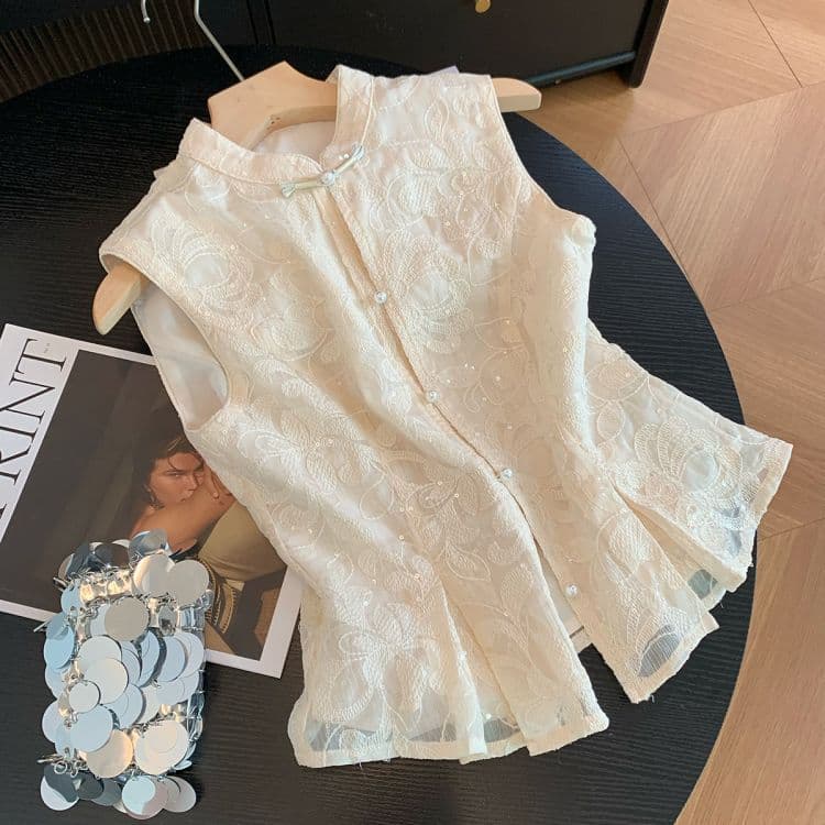 Summer new new Chinese embroidered sleeveless shirt for women with waist, short, temperament, high-end and versatile top