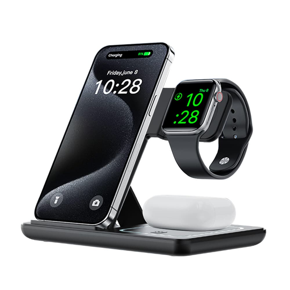 3-in-1 Vertical Foldable Wireless Charger for Apple iPhone Watch AirPods 15W Fast Wireless Charging