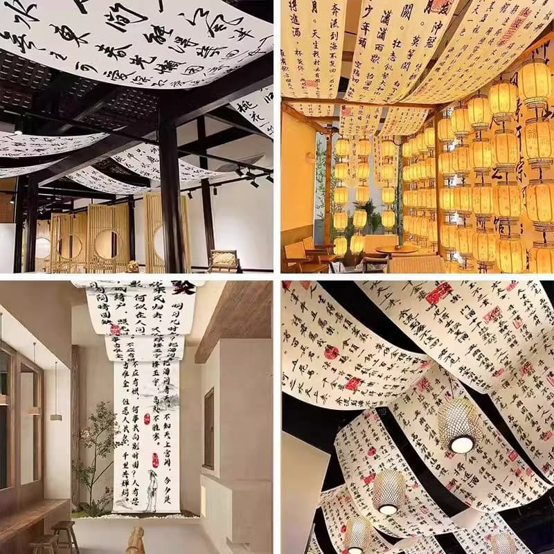Customized ceiling decorations for trendy indoor and outdoor hot pot restaurants, featuring calligraphy and cultural themes.