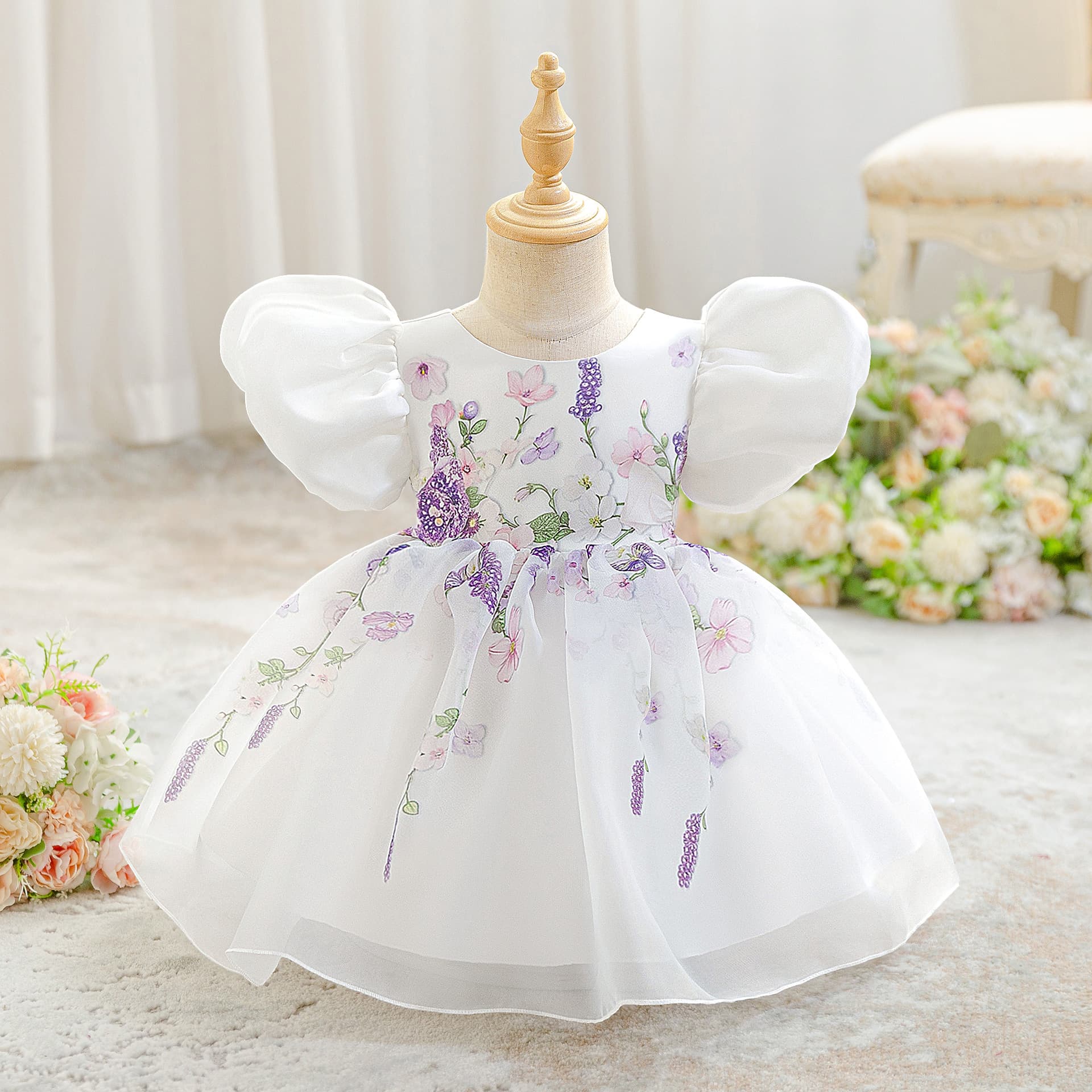 White Short Flower Girl Tutu Dress, Toddler Princess Dress with Positioned Floral Print and Bubble Sleeves
