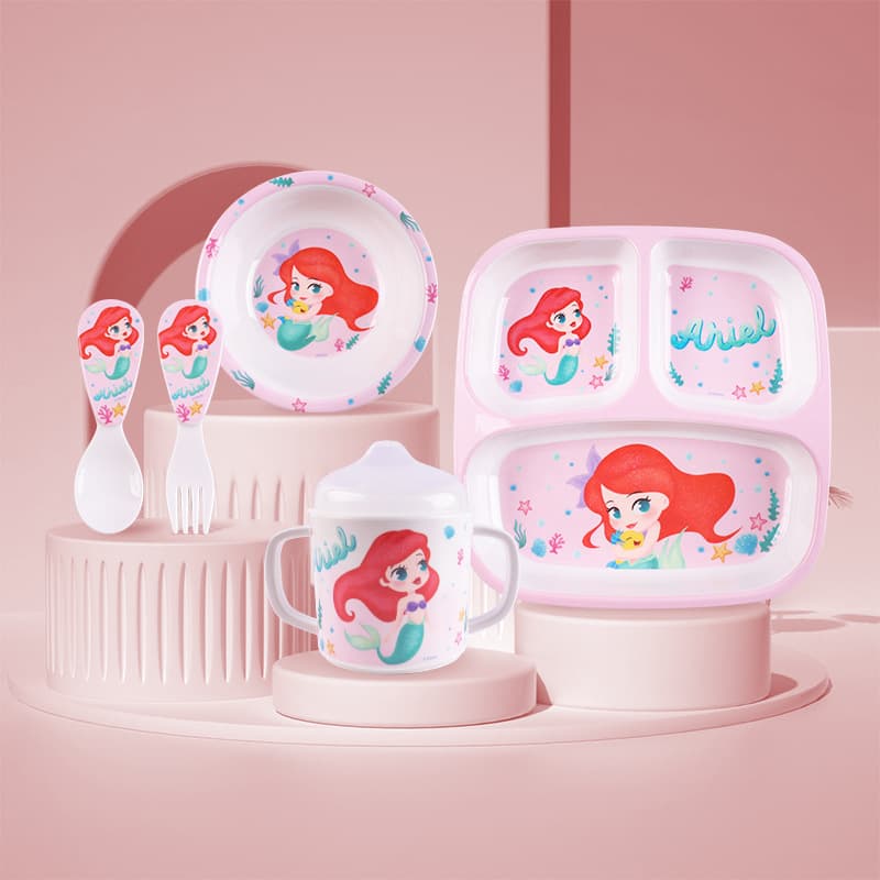 Disney Genuine Children's Dinner Plate Cartoon Melamine Divided Plate for Supplementary Food Home Use Mermaid Princess Square Three-Compartment Dinner Plate