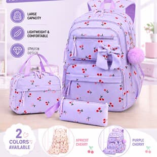 3-Piece Set Backpack: Amazon New Corduroy Girl's Schoolbag, Lightweight Bow Print Trendy Bag