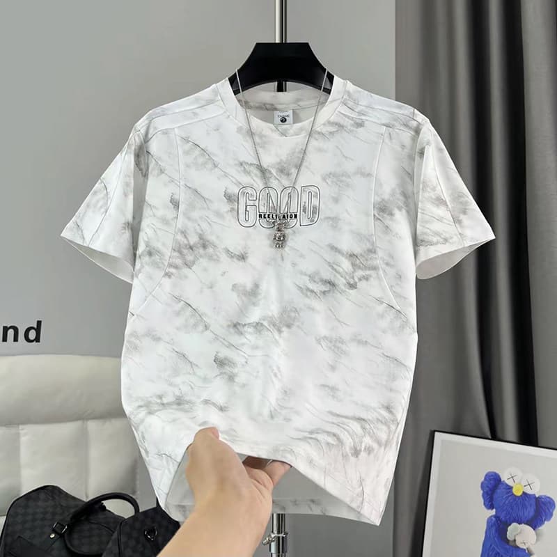2026 Summer Tie-Dye Trendy Faded Short Sleeve T-Shirt for Men with Letter Print, Loose Fit, Versatile Casual Top