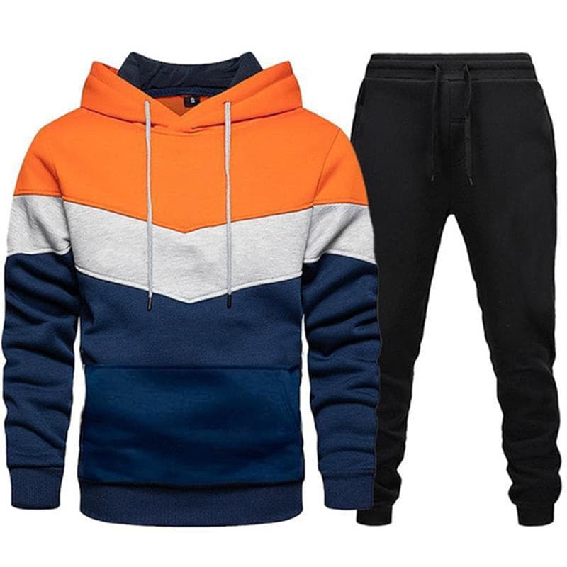 2022 Cross-Border Foreign Trade Men's Tracksuit Fashion Casual Spring Autumn Color-Block Hooded Sweatshirt and Pants Two-Piece Set
