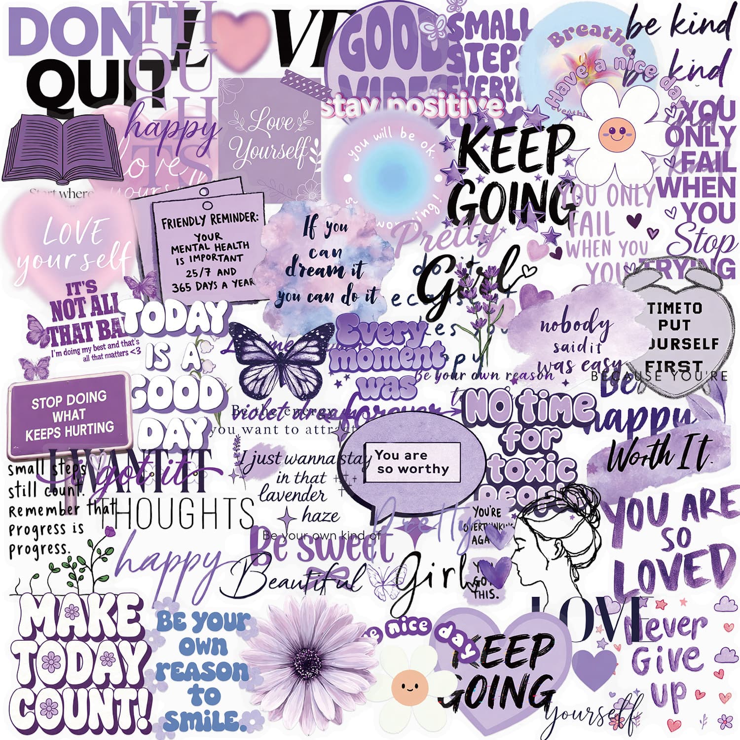50 transparent cartoon purple positive inspirational sticker packs Waterproof transparent PET handbook decorated guitar notebook