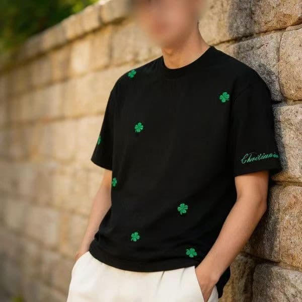 2026 Summer Round Neck Four-Leaf Clover Skin-Friendly Breathable Comfortable Luxury High-End Men's Versatile Short-Sleeve T-Shirt Stylish