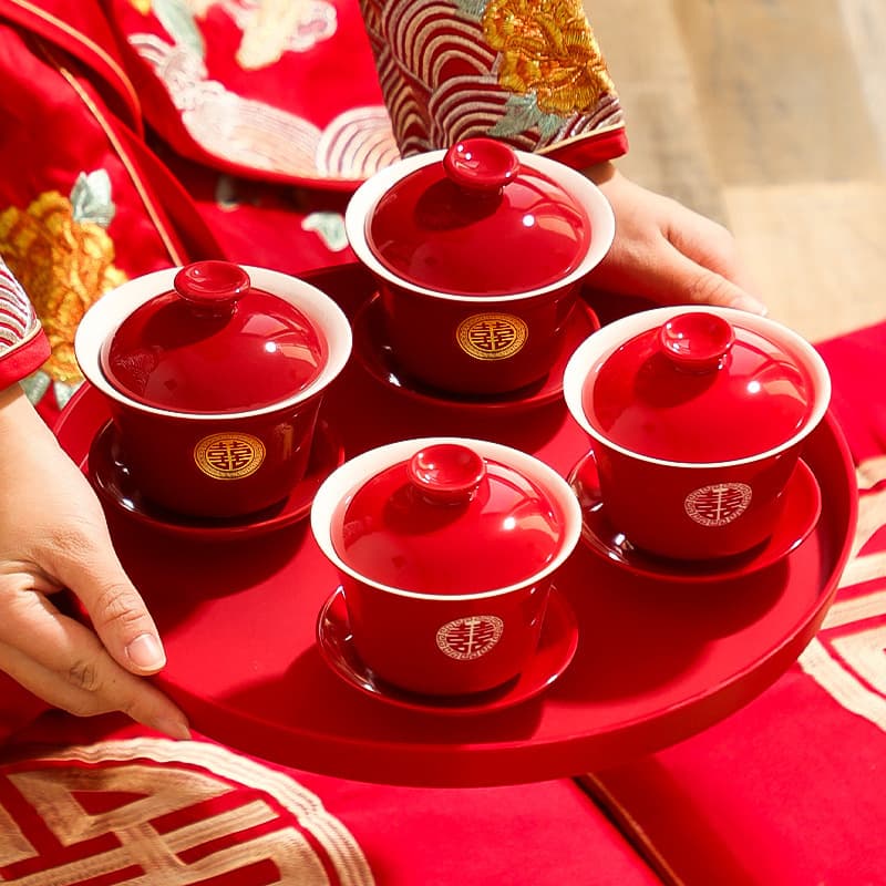 Complete Wedding Tea Ceremony Set: Paired Red "Double Happiness" Cups for Parental Addressing Ritual