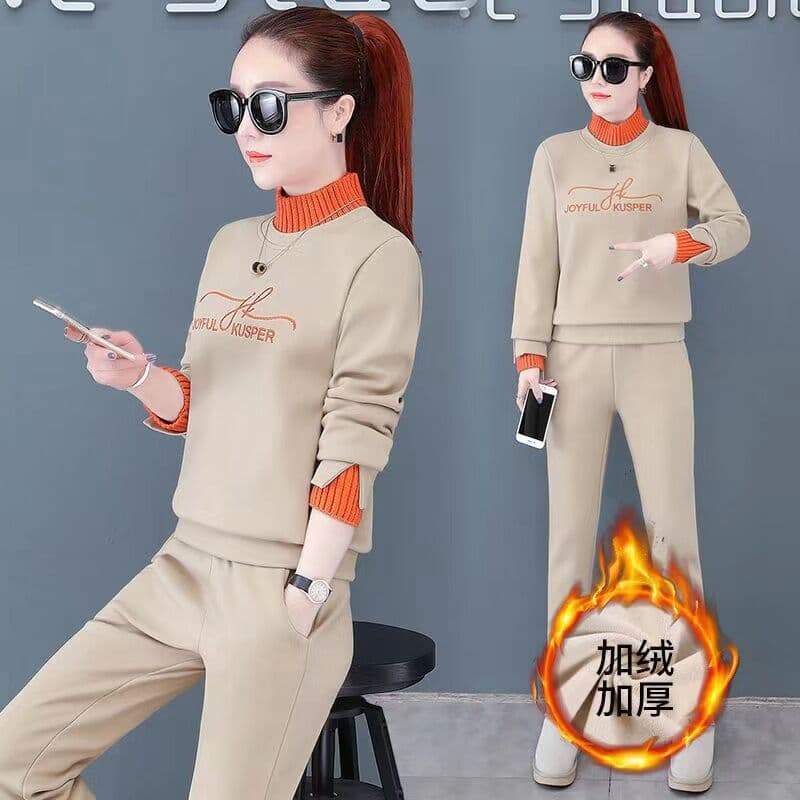 Autumn Winter New Plus Size Fashionable Elegant Stylish Half Polo/Turtle Neck Fleece-Lined And Thickened Sweatshirt Wardrobe Set