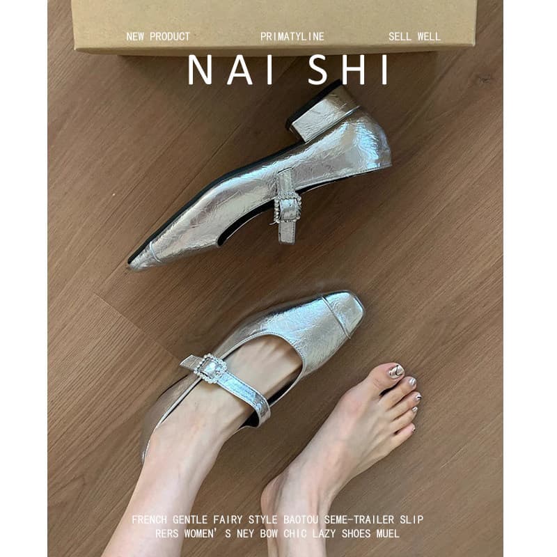 Sheepskin Version! Square-Toe Shallow Silver Mary Jane Shoes for Women with a Single Buckle Strap, High-End Soft Leather French-Style Single Shoes with Chunky Heels