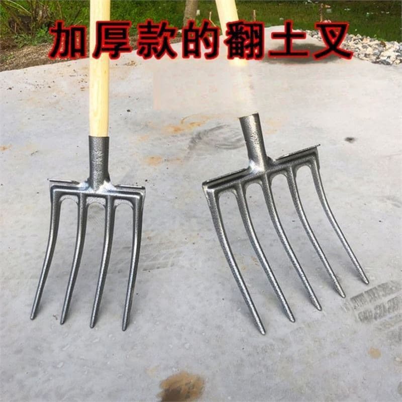 Thickened manganese steel integrated four- or five-pronged steel fork for turning soil; thickened all-steel fork for digging onions, garlic, and ginger; a soil-turning artifact.