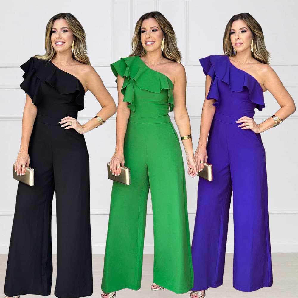 3005 Cross-Border European American Amazon Plus Size Women's Jumpsuit Diagonal Shoulder Ruffle Edge Design Elegant Dress